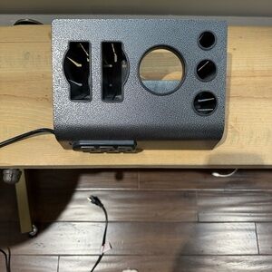 Salon equipment holder with Black Power Strip; great for holding irons and dryer